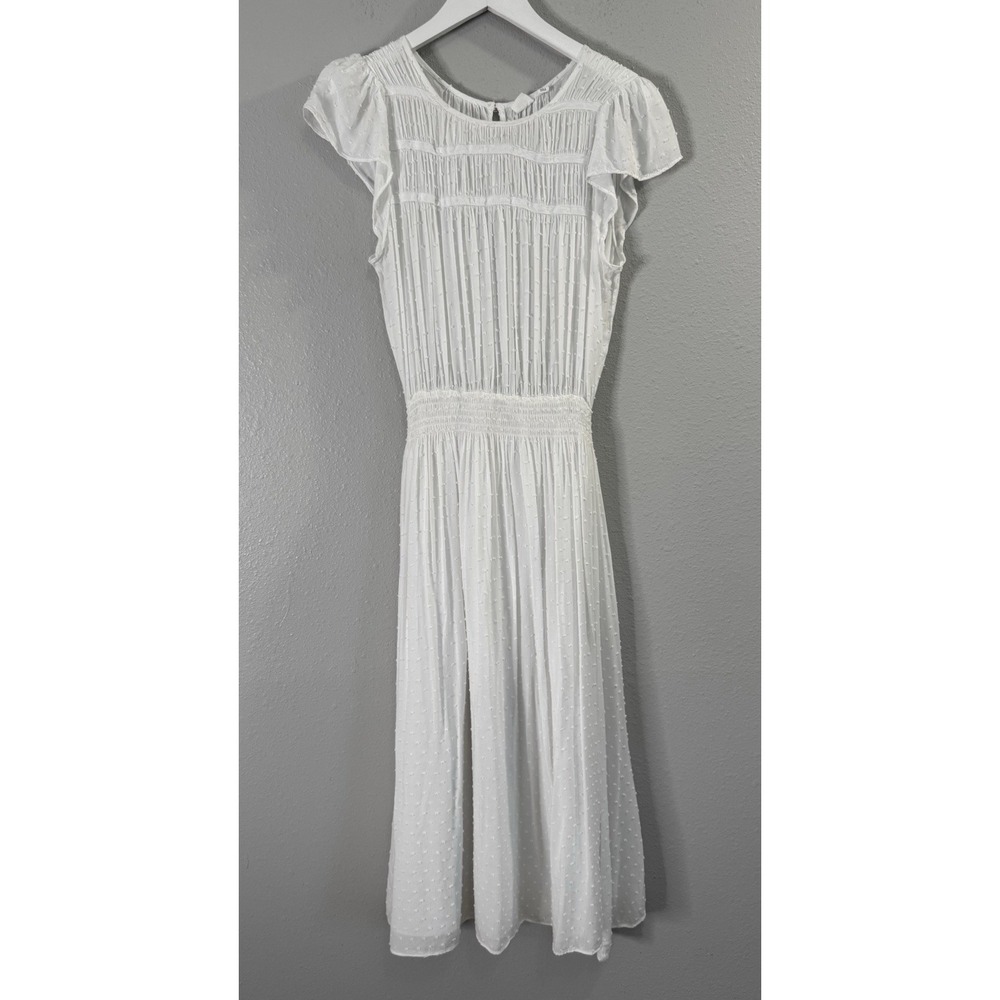 GAP White Swiss Dot Midi Dress Smocked Waist Pintuck Flutter Sleeve Prairie S